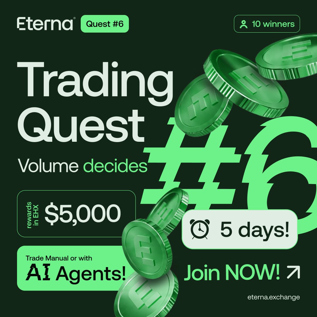 Eterna_Hybrid's tweet photo. 5 days left in Eterna Quest #6.

Trade on Eterna or through Eterna MCP using AI agents.

$5,000 USD in EHX rewards.
10 winners.

AI-assisted trading.
Manual trading.
One leaderboard.
Volume decides.

Trust the Signal. https://t.co/4QfW9qy115