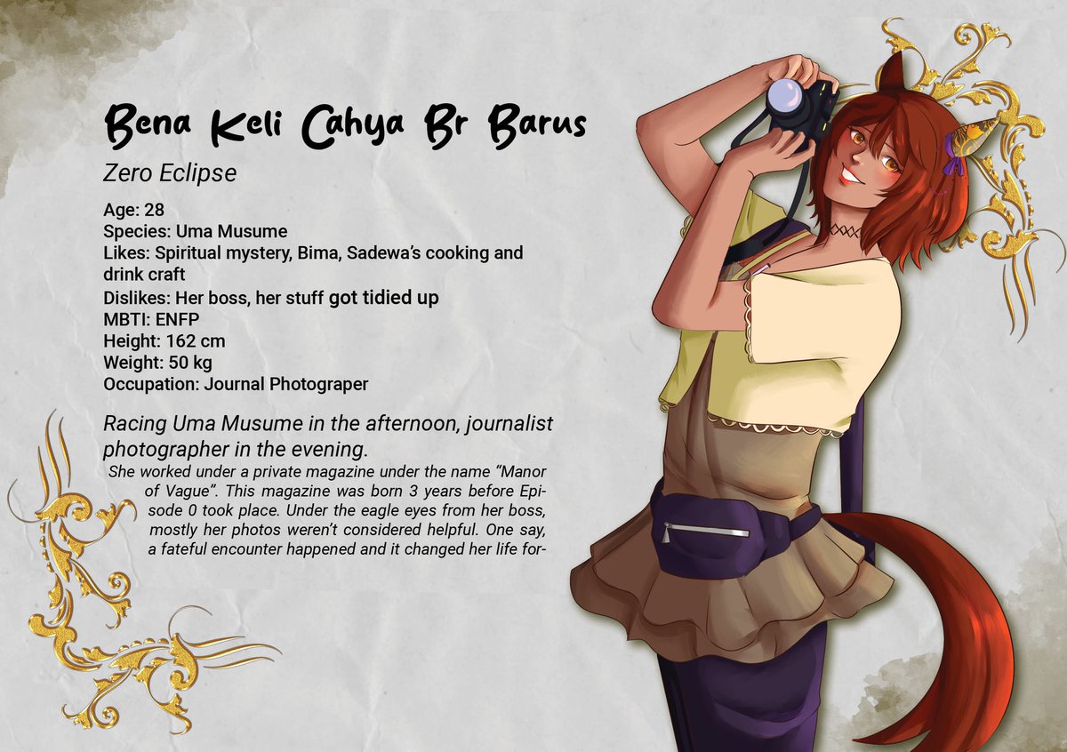 ThereThebe's tweet photo. Halo #Pandavvarna, mari kita #BERKAVVAN

Akhirnya, OCsona ini udah ada lore, bio, character sheet, dan splashart. All done by @_Yoakai_ 

Introduce you to Bena Keli Cahya Br. Barus. Inspo dia dan Uma Musume Statnya bakal aku taruh di Thread comment ya https://t.co/tOk2EzgaAO