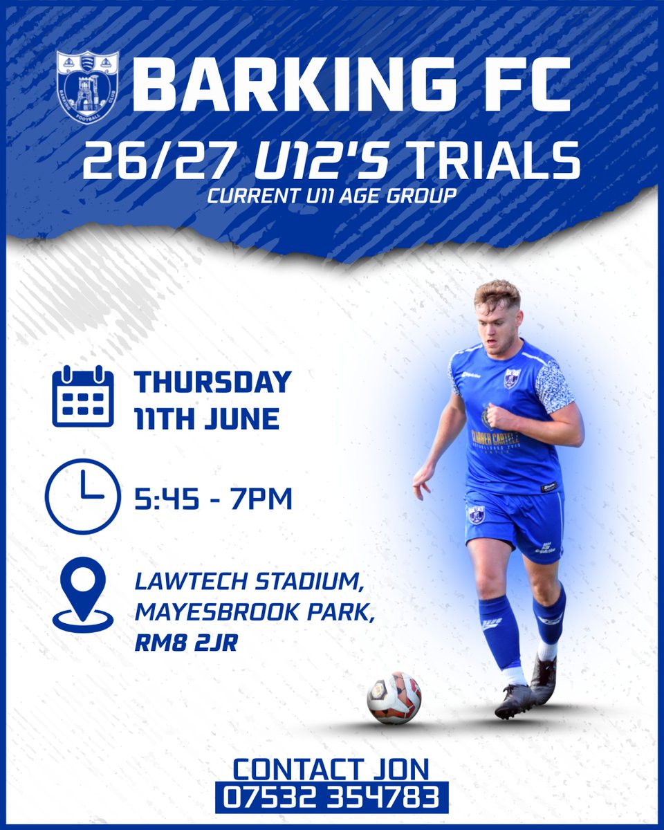 barkingfc's tweet photo. U12 TRIALS

As we look forward to the 26/27 season we will be hosting U12 trials on Thursday 11 June! All information can be found below! https://t.co/7UwfLtqgmH