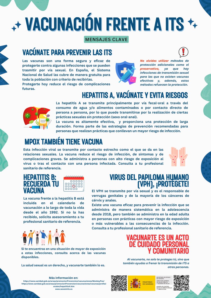 cesida_esp's tweet photo. 👉 Vacúnate para prevenir las ITS 

Las vacunas son una forma segura y eficaz de protegerte contra algunas infecciones que se pueden trasmitir por vía sexual. En España, el Sistema Nacional de Salud las cubre de manera gratuita para toda la población con criterio de recibirlas. 

❤️ Al vacunarte, no solo te proteges tú, sino que también ayudas a frenar la transmisión de ITS a otras personas.

📝 Más información: https://t.co/WWEJQGzNUi