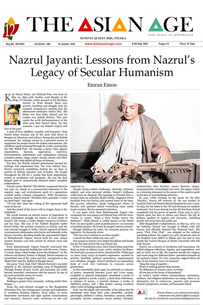 EmranEmonWriter's tweet photo. Happy Birthday, our National Poet Kazi Nazrul Islam!

Of his 77 tumultuous years, Kazi Nazrul Islam spent the final 34 years in silence (1942–1976), stricken by illness. He lived only 43 years of active, functional life.

#Humanism
#secularism
#RebelPoet
#love
#literature https://t.co/RvgaIfawaq