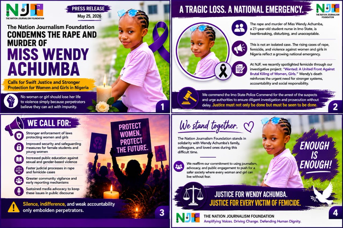 TheNationFound's tweet photo. The brutal murder of Wendy Achumba, is a painful reminder that femicide and violence against women in Nigeria remain a national emergency.

Justice must be swift and decisive.

We all must unite against the brutal killing of women and girls. 

Enough is enough. https://t.co/M9mgpfLs8X