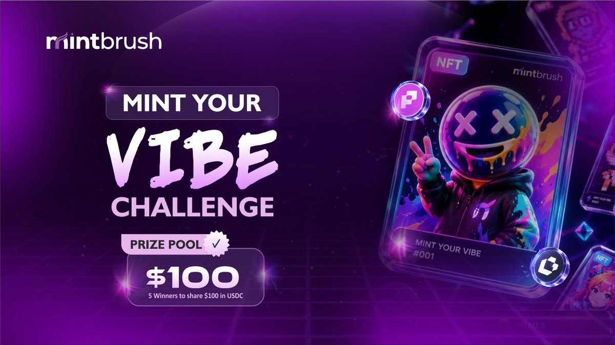 UseMintbrush's tweet photo. 🚨 THE MINT YOUR VIBE CHALLENGE IS LIVE 🚨

Create your own NFT on Mintbrush and Post it on X.

🏆 Prize Pool: $100
👑 5 Winners
💰 $20 Each

How to join👇

• Create an NFT on Mintbrush
• Post your NFT on X
• Tag @UseMintbrush
• Use #MintYourVibe

🎭 Memes
🎨 AI Art
🔥 Pixel Art
👾 Weird NFTs
💡 Creative ideas

No design skills needed..... Just create & vibe.

The most creative NFT win.

Start now: https://t.co/IWaVUONR0i