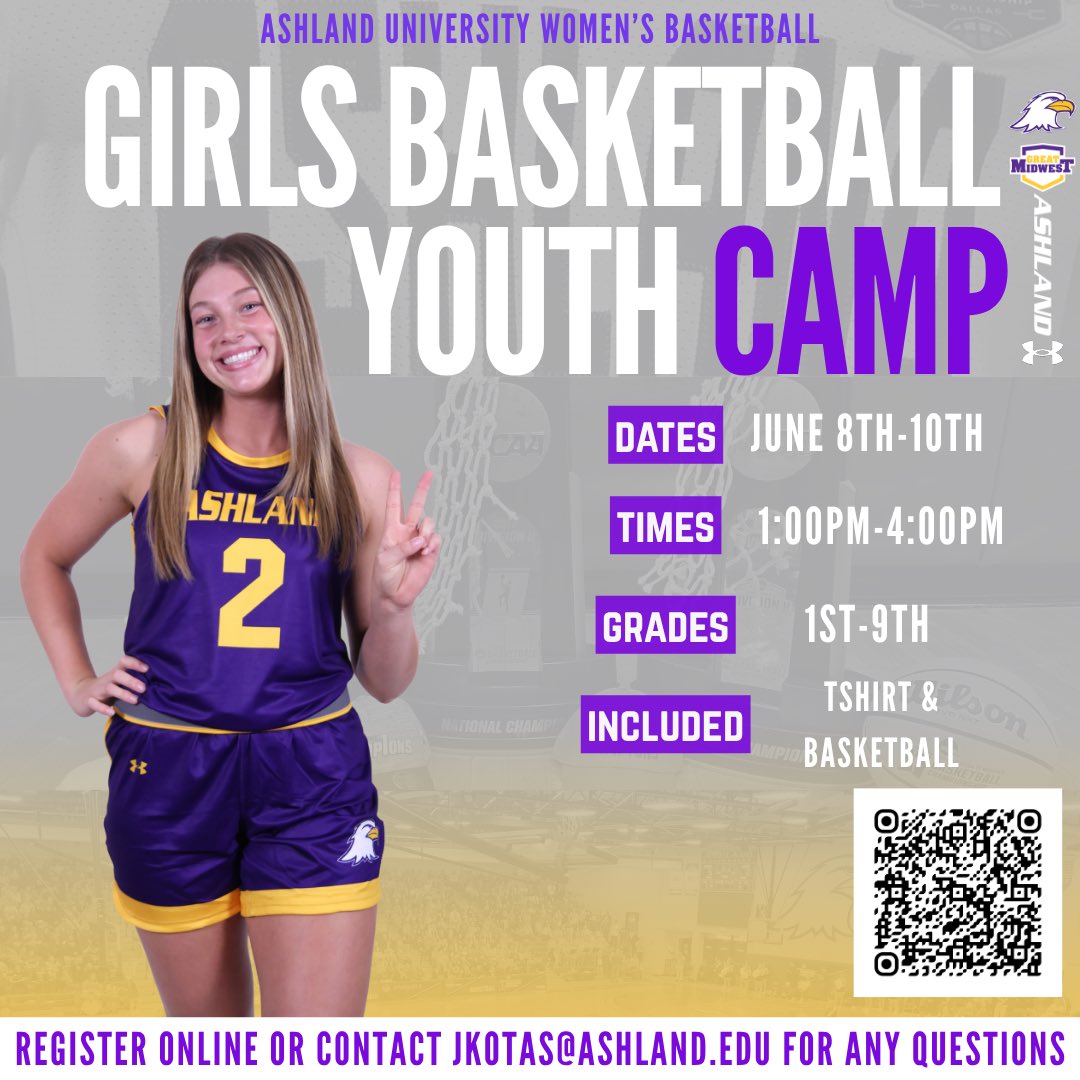 AshlandWBB's tweet photo. 🏀 𝟮 𝗠𝗢𝗡𝗗𝗔𝗬𝗦 𝗟𝗘𝗙𝗧! 𝗔𝗿𝗲 𝘆𝗼𝘂 𝘀𝗶𝗴𝗻𝗲𝗱 𝘂𝗽? 🏀

Scan the QR code, click the link below or mail in registration to secure your spot in our youth camp! Sign up includes a tshirt and basketball.

🔗 https://t.co/bZzCuZDjlP https://t.co/Nu2vi1vNao