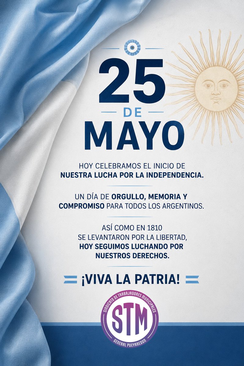 MdpStm's tweet photo. Saludamos a toda la familia municipal en este Día de la Patria.

Con memoria, unidad y organización, seguimos construyendo futuro.

¡Viva la Patria! 🇦🇷

#stmmardelplata 
#25DeMayo
#TrabajadoresMunicipales
#DíaDeLaPatria 
#SomosTrabajadoresMunicipales https://t.co/1E0T1UfTNZ