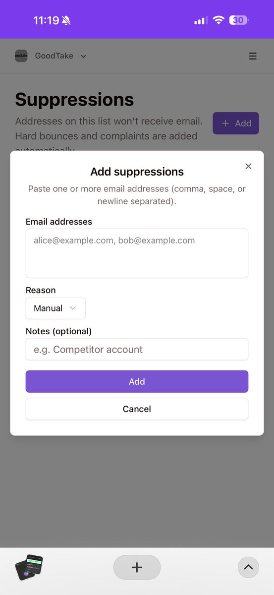 itisgleb's tweet photo. Today https://t.co/sdkrQsSKMa got suppression lists - both global and per tenant. I m thinking of adding a simple ai agent to the app to help with account management or settings https://t.co/z8y76oejrn