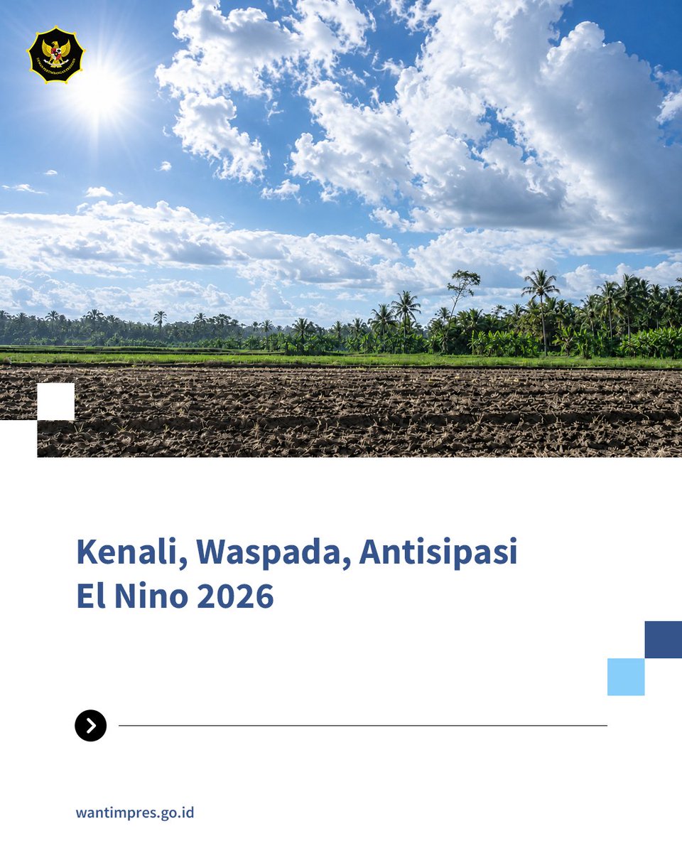 WantimpresRI's tweet photo. Musim kemarau panjang dan El Nino dapat meningkatkan risiko karhutla. BMKG memprediksi puncak kemarau 2026 terjadi pada Agustus.

Mari cegah sejak dini: tidak membuka lahan dengan membakar, segera laporkan titik api, dan jaga lingkungan sekitar. 🔥🌱

#Karhutla 
#MusimKemarau https://t.co/tq9xL8etdt