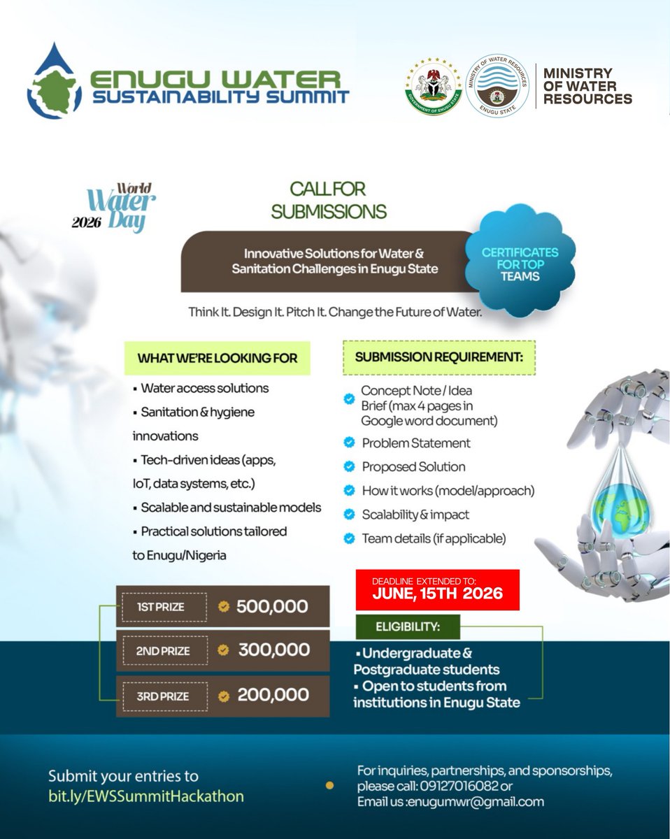 enugumwr's tweet photo. Water access &amp; sanitation challenges persist in Enugu and EWSS 2026 is calling on students &amp; young people to solve them 

Deadline extended to June 15, 2026 

Share bold, scalable ideas in water, hygiene &amp; tech systems for real impact in Enugu.

https://t.co/BrziAuRiwH… https://t.co/rJYLzFjfj2