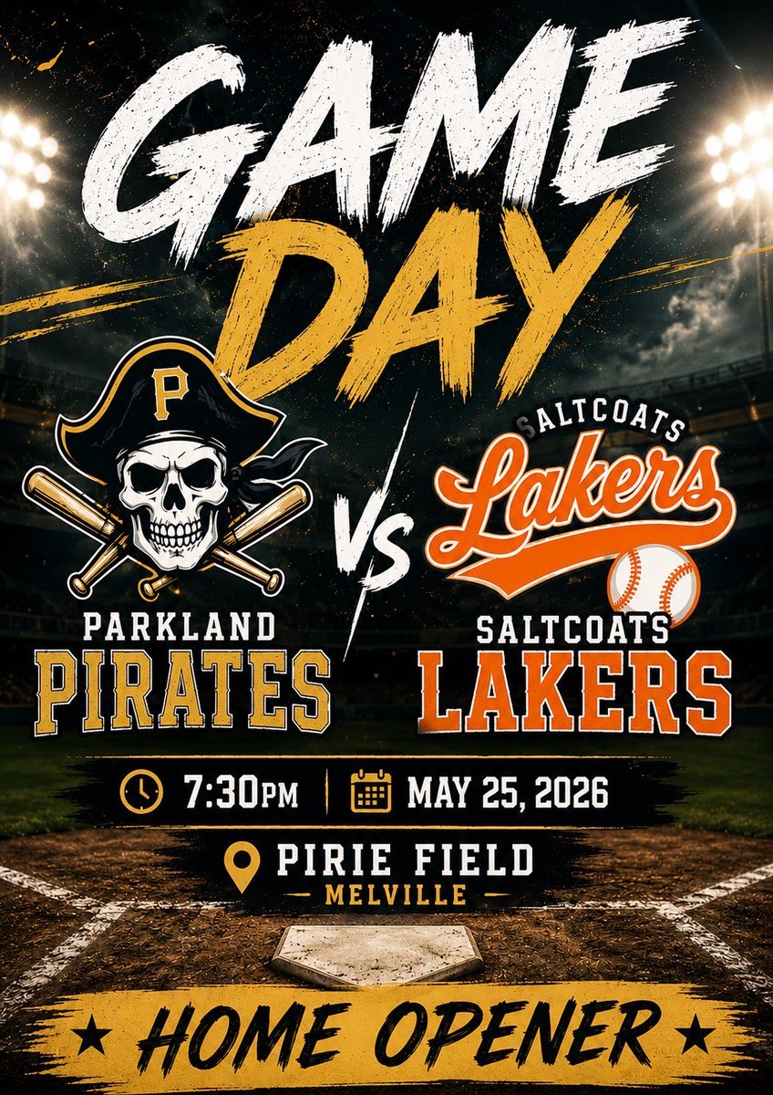 PkldPirates's tweet photo. Sun is shining and it’s time for a Pirates Game Day!

VS. Saltcoats Lakers
⏰: 7:30 PM 
🏟️: Pirie Field (Melville Regional Park) https://t.co/TctUlHFr3T