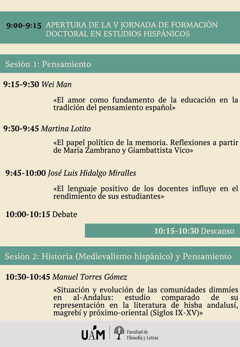 uamhispanicas's tweet photo. ¡No os perdáis la V Jornada de Formación Doctoral en Estudios Hispánicos! Es este miércoles.
📅 27 de mayo
⏰ 9:00-13:30
📍Sala de vídeo I (Módulo II), FyL https://t.co/37eVfZQr6f