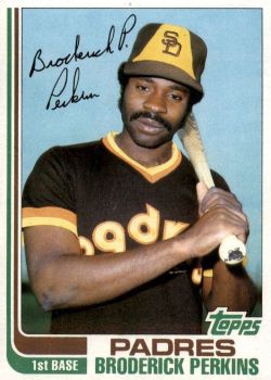 1975Topps's tweet photo. Card #192 - Broderick Perkins #Padres

1982: Perkins saw action in 125 games. He collected a career-high 94 hits and drove in 34 runs in 347 at bats.

On 6/1/82 Perkins had a 2-run triple and RBI single as San Diego beat the Cubs 9-1 at Wrigley Field. #Topps https://t.co/n3tgqxZ5rJ
