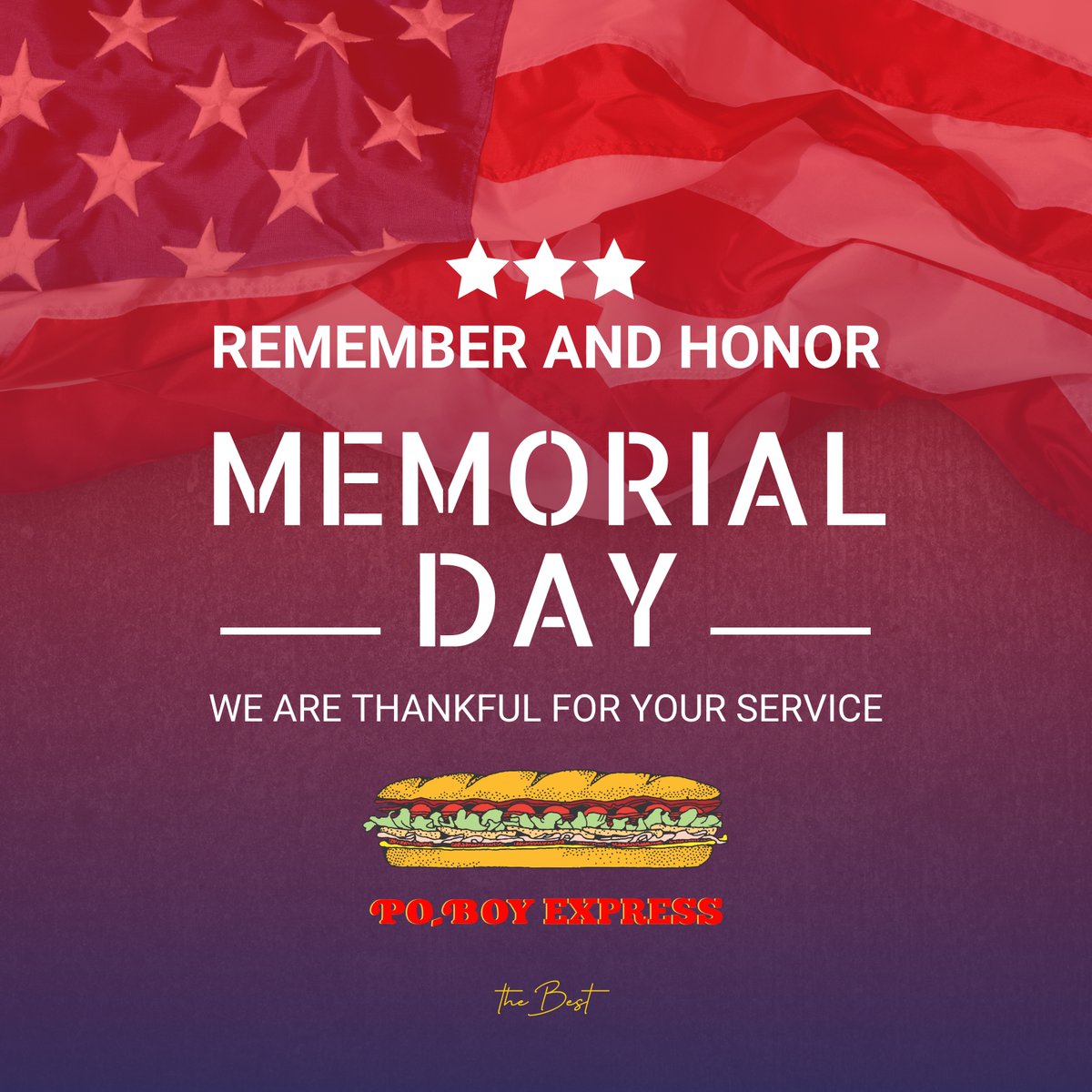 PBEbr's tweet photo. Celebrate, remember, and honor. Happy Memorial Day 🇺🇸
#MemorialDay #poboyexpress #225batonrouge #foryou https://t.co/uIWVTqMq1m