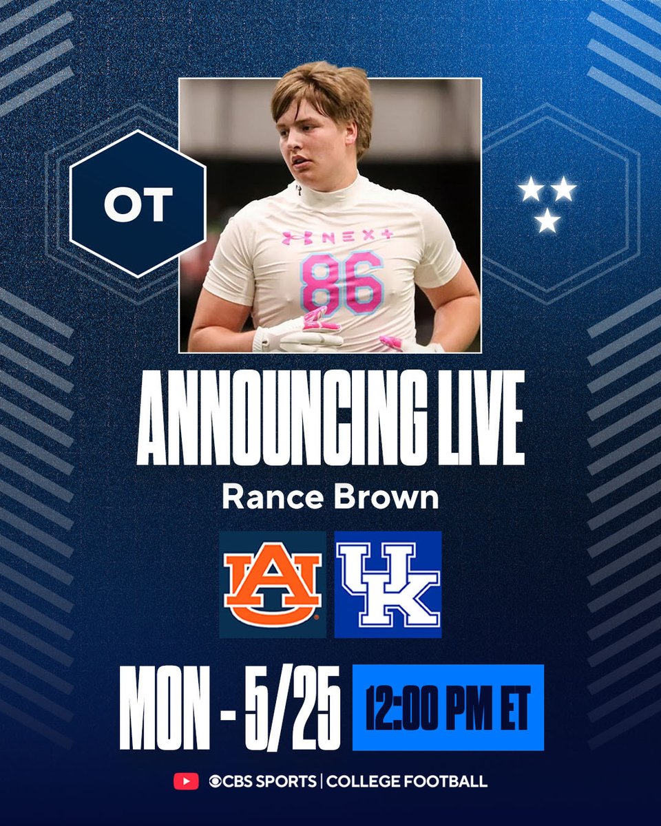 247Sports's tweet photo. LIVE COMMITMENT: 3-star OT Rance Brown will be committing LIVE with 247Sports and CBS Sports at 12:00 PM ET 🚨

Brown will be deciding between Auburn and Kentucky

WATCH LIVE: https://t.co/zSl37HBdAN https://t.co/glJ90A1vwp