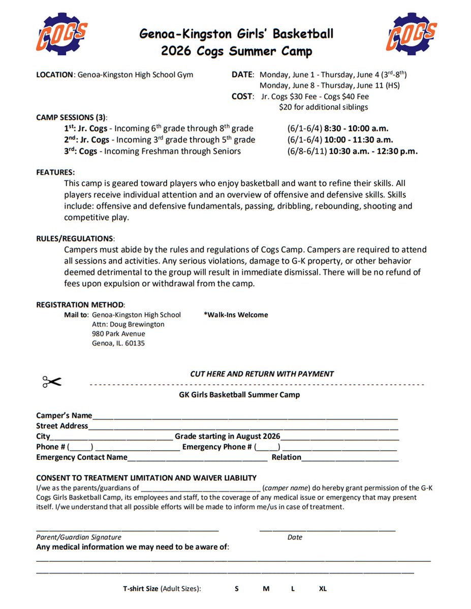 GKCogsAthletics's tweet photo. GK Summer Camps begin one week from today!  Girls Youth Basketball Camps for all incoming 3rd-8th grade GK students will begin on Monday, June 1st at GKHS!

NOTE: HIGH SCHOOL Girls Basketball Camp will be the following week.
#gkcogs #BuildTheBrand https://t.co/ZzxecND64B