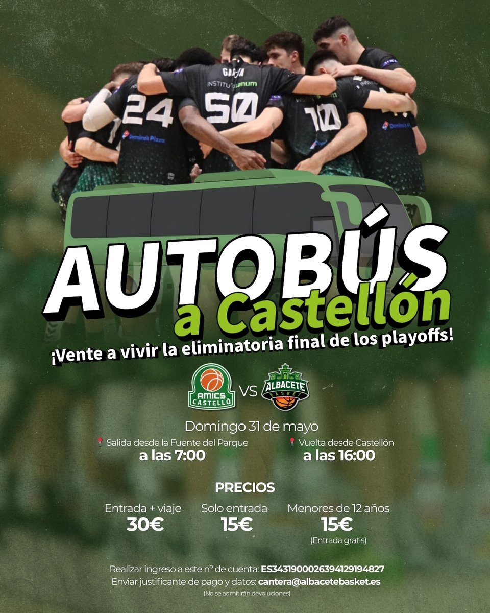 AlbaceteBasket's tweet photo. VIAJE A CASTELLÓN🚍🤩

¿Te vienes a Castellón a vivir con nosotros la vuelta de la eliminatoria final de los playoffs de ascenso a Primera FEB?

Salida: domingo 31 de mayo a las 7:00h
Desde la Fuente del Parque

¡Llevemos a Castellón una representación del Pabellón del Parque💚! https://t.co/m2ZM08s4FV