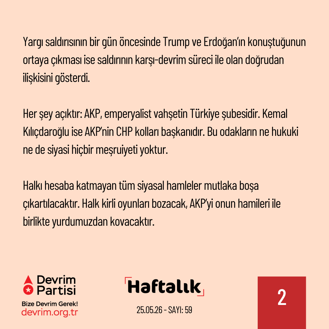 Devrim_Partisi's tweet photo. AKP’nin CHP kolları başkanı atandı

Geride bıraktığımız haftanın önemli gelişmelerini kısaca değerlendirdiğimiz "Haftalık" yeni sayısıyla yayında:

CHP’ye kayyum

İktidarın seçme ve seçilme hakkına yönelik saldırıları geçtiğimiz hafta bir başka boyuta taşındı. Daha önce muhalif belediyeleri hedef alan yargı sopası bu kez de Cumhuriyet Halk Partisi’nin yönetimini hedef aldı.

AKP yargısının verdiği ve hiçbir hukuki dayanağı olmayan mutlak butlan kararının ardından bir süredir AKP ile eşgüdümlü çalışan Kemal Kılıçdaroğlu ve ekibi CHP yönetimine getirildi. Mevcut yönetim ise genel merkez binasından polis saldırısı ile çıkartıldı.

Yargı saldırısının bir gün öncesinde Trump ve Erdoğan’ın konuştuğunun ortaya çıkması ise saldırının karşı-devrim süreci ile olan doğrudan ilişkisini gösterdi.
Her şey açıktır: AKP, emperyalist vahşetin Türkiye şubesidir. Kemal Kılıçdaroğlu ise AKP’nin CHP kolları başkanıdır. Bu odakların ne hukuki ne de siyasi hiçbir meşruiyeti yoktur.
Halkı hesaba katmayan tüm siyasal hamleler mutlaka boşa çıkartılacaktır. Halk kirli oyunları bozacak, AKP’yi onun hamileri ile birlikte yurdumuzdan kovacaktır.