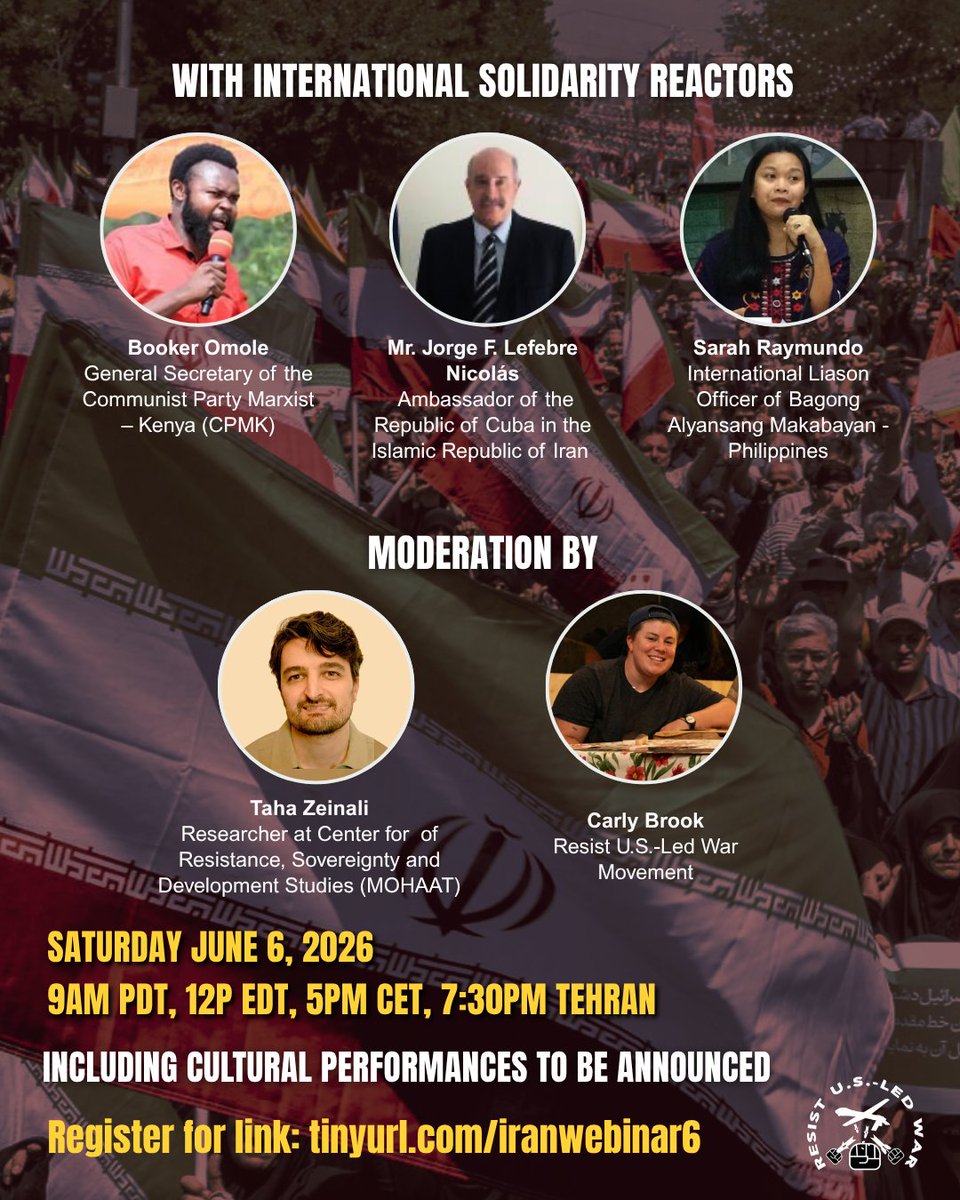 ResistUSLedWar's tweet photo. Join the Resist U.S.-Led War Movement for an international webinar in solidarity with the Iranian people’s resistance! REGISTER: https://t.co/gQ5b72mJYd #wedefendiran https://t.co/MJUMaHPinW