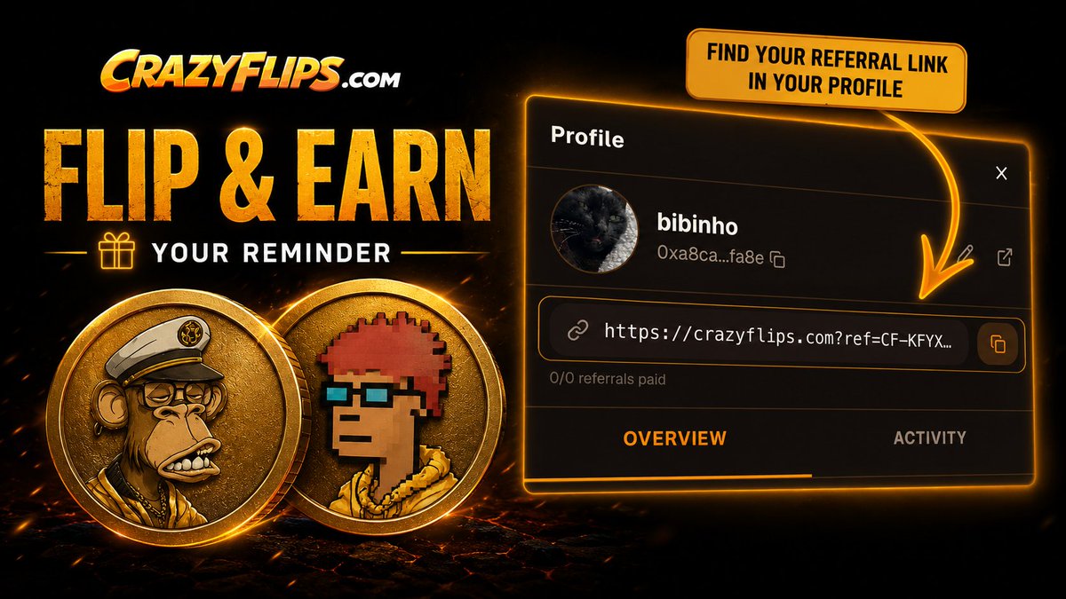 TheCrazyFlips's tweet photo. most referrals: 17 conditions, expires tuesday, "first 100 only".

ours:
- both sides credited when the friend plays
- no funnels, no thresholds, no caps
- two wallets, both rewarded

on-chain 🔗 link in bio https://t.co/XQt2PT0pRJ