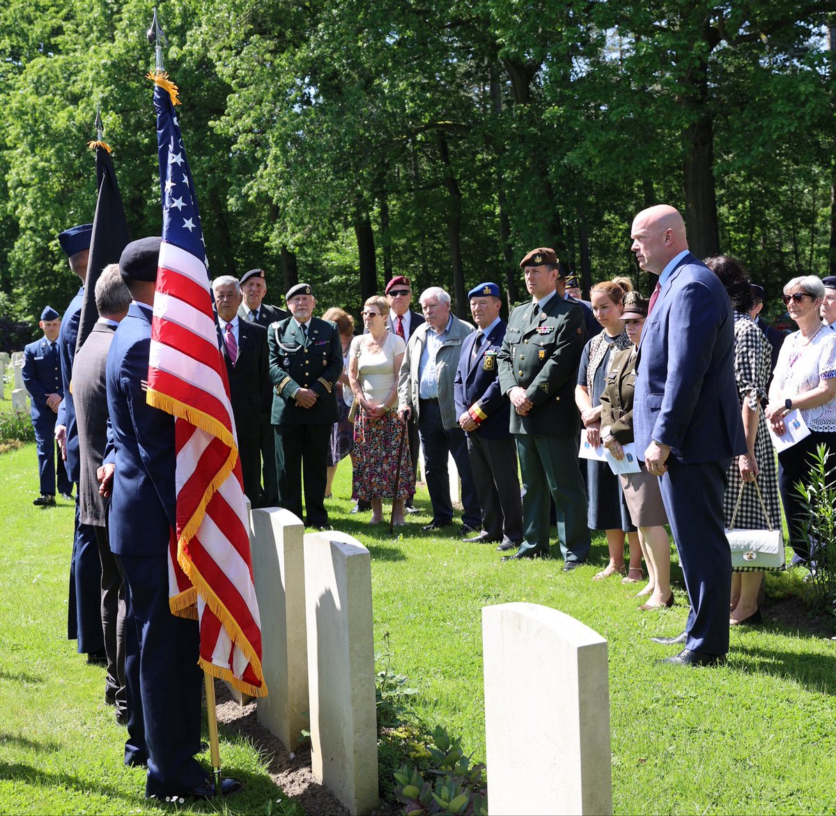 USAmbNATO's tweet photo. Today in Belgium, we honored First Lieutenant Donald West – a young American who volunteered to fight Nazi Germany even before the United States formally entered WWII. In the final moments of his life, he remained at his post so others could live.

His story – like that of so many American heroes who made the ultimate sacrifice – reminds us that our freedoms endure because ordinary men and women gave everything to protect them.

On Memorial Day, we remember all of the brave Americans who gave their lives in defense of liberty. We reaffirm our commitment to their ideals of sacrifice and service.