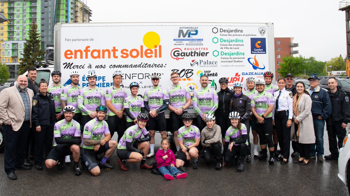 policelaval's tweet photo. Tour cycliste des policiers de Laval : c'est un départ! C'est sous la pluie que nos cyclistes bénévoles ont pris le départ pour un parcours de plus de 1100 kilomètres en six jours afin d’amasser des fonds pour @EnfantSoleil. 
Détails et pour faire un don : https://t.co/X9J8Xfkddy https://t.co/NHSTgYlrll