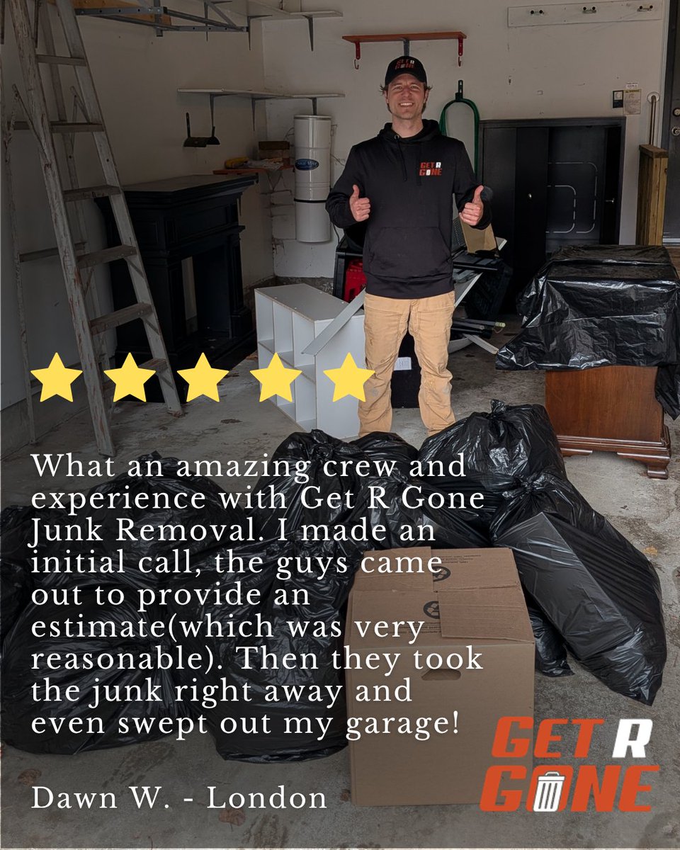 GetRGone's tweet photo. “Reasonable estimate, junk gone right away, and they even swept out my garage.” ⭐⭐⭐⭐⭐

Dawn called, our crew quoted on site, loaded everything, and left the space clean so she could enjoy an actually usable garage again. https://t.co/KxhCklmqK4