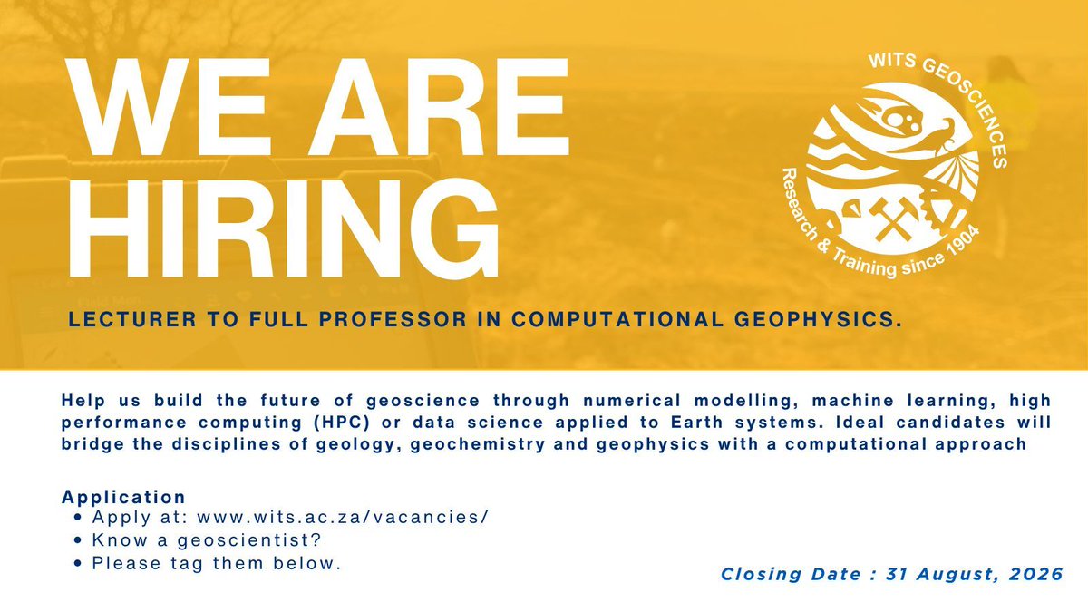 WitsGeoscience's tweet photo. Exciting news – we’re hiring! 📣 

The Wits School of Geosciences is expanding, and we are seeking exceptional candidates for three academic roles. Deadline for applications: 31 August 2026. 
Submit your application at https://t.co/JSCv3HABzy. 

 #AcademicJobs #Hiring https://t.co/66AK5CYPrs