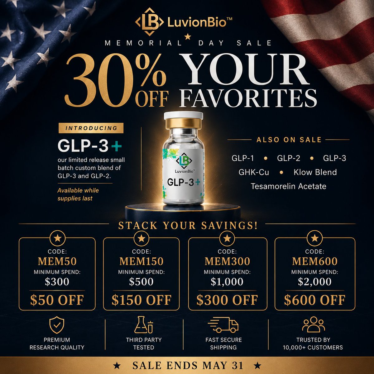 luvionbio's tweet photo. 🇺🇸 Memorial Day Sale — now live.

Tiered savings up to $600 off 

Plus 30% off GLP-1, GLP-2, GLP-3, GLP-3+, GHK-Cu, Tesamorelin &amp; KPV.

Bigger cart = bigger savings. Shop now 👇
https://t.co/xaQHLYWZy8 https://t.co/NrTz0yKwEt