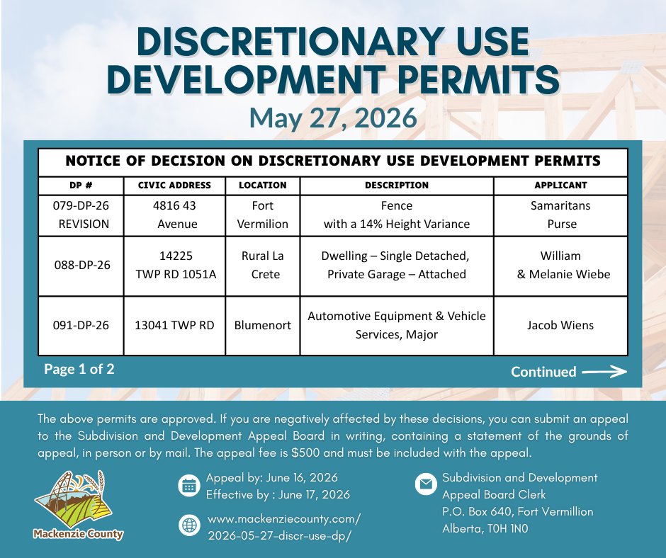 MackenzieCounty's tweet photo. 🔔Notice of Decision on Discretionary Use Development Permits. For more information visit: https://t.co/QdWVXAnLw8 https://t.co/KFp75IwZoD