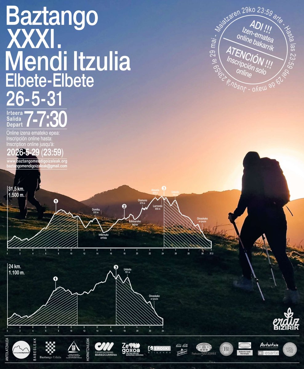 Emffvm's tweet photo. #Zirkuitua2026 ⛰️ XXXI. BAZTANGO MENDI MARTXA

✳️ Antolatzailea:  BAZTANGO MENDIGOIZALEAK

📍 Tokia: Elbete (Nafarroa)

Luzea ↔️ 40 km ↗️ 3000 m
Motza ↔️ 24 km ↗️ 1100 m

🗓 Maiatzak 31

ℹ️ https://t.co/GUKYVy5xIB

📝 https://t.co/YbRLMLM21G https://t.co/ChmmqZMbEC
