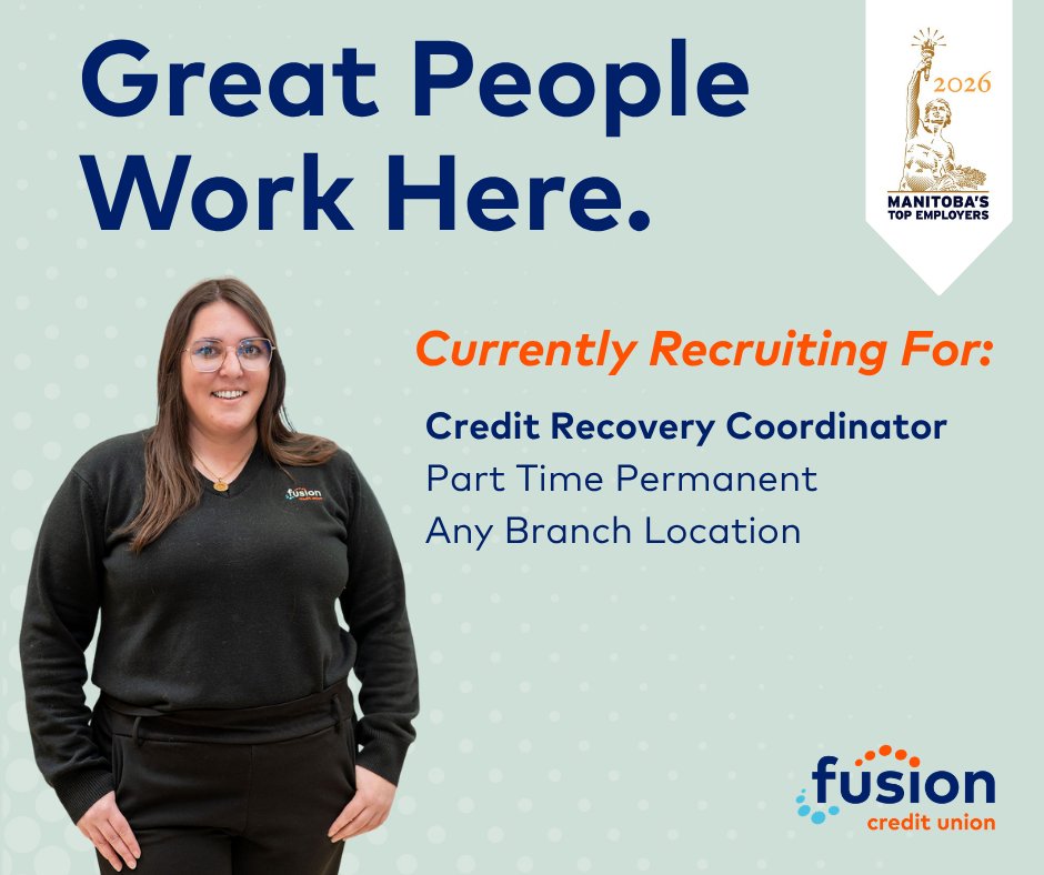 FusionCU_MB's tweet photo. ⭐We're hiring for a Credit Recovery Coordinator. ⭐️

If you have a problem-solving mindset, possess strong organization skills and decision making abilities, we encourage you to apply.  Link is below 👇

https://t.co/uW0drNFCTO https://t.co/MY15wrg3ZD