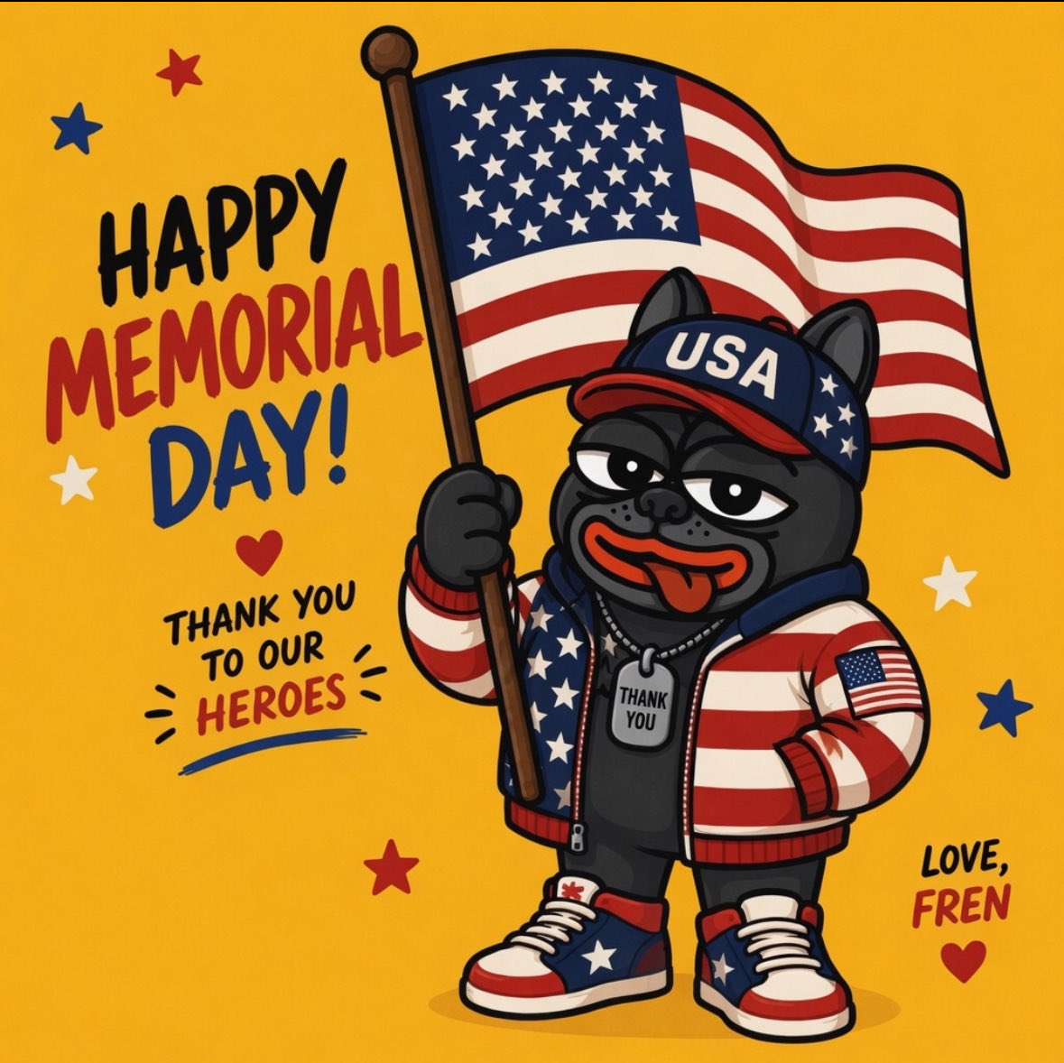 TheFrenonsol's tweet photo. Happy Memorial Day, frens 🇺🇸🕊️

Remembering our fallen heroes &amp; 
honoring their sacrifice for our freedom. 

God bless America ❤️🙏 https://t.co/ZBpNvyqypH