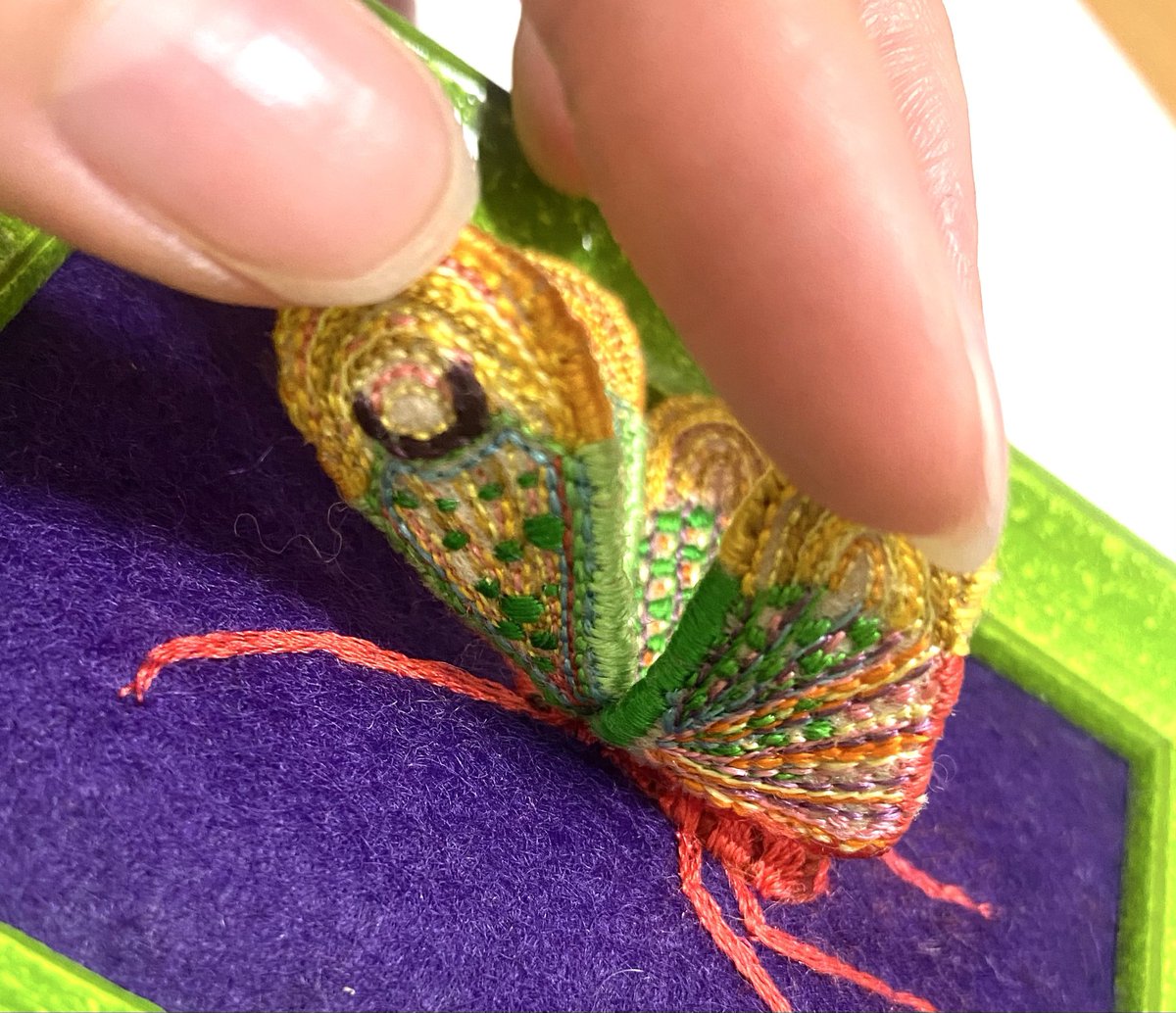 0227marinn's tweet photo. やっとビワハゴロモの刺繍ができました🪡
翅が立体になってます、裏面も縫うの大変でした笑
#INSECTARIA に持っていく予定です🦋
#刺繍　#手刺繍　#虫 https://t.co/6Oathlvf84