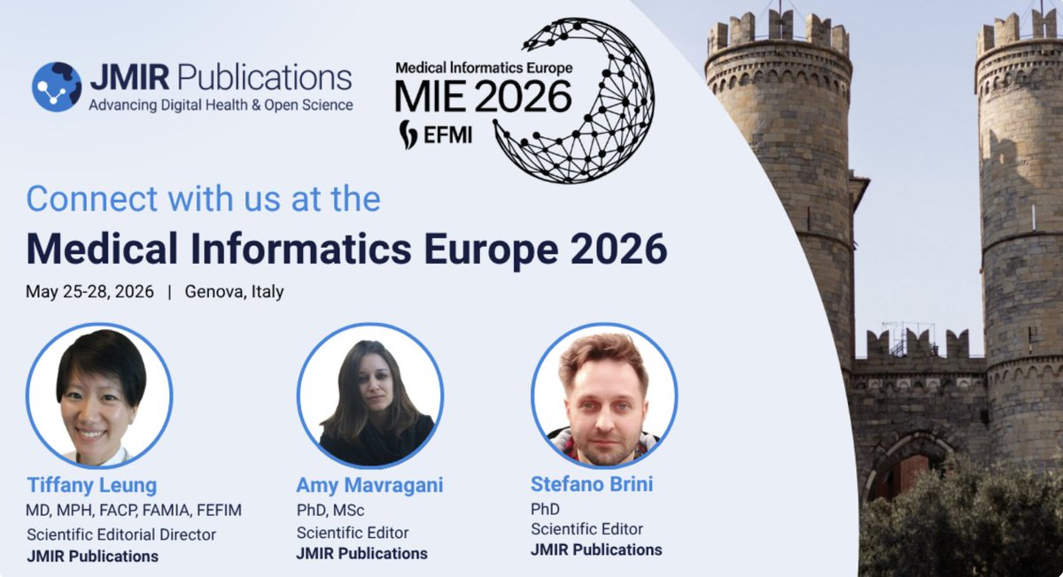jmirpub's tweet photo. JMIR is on the ground in Genova for #MIE2026 🇮🇹

On May 27, our team will be speaking on:
• editorial career pathways
• AI-accelerated systematic reviews
• leadership development in medical informatics

Looking forward to the conversations ahead.

#MedicalInformatics #DigitalHealth #AIinHealthcare #AcademicPublishing #ScientificPublishing #ResearchCommunity #JMIR