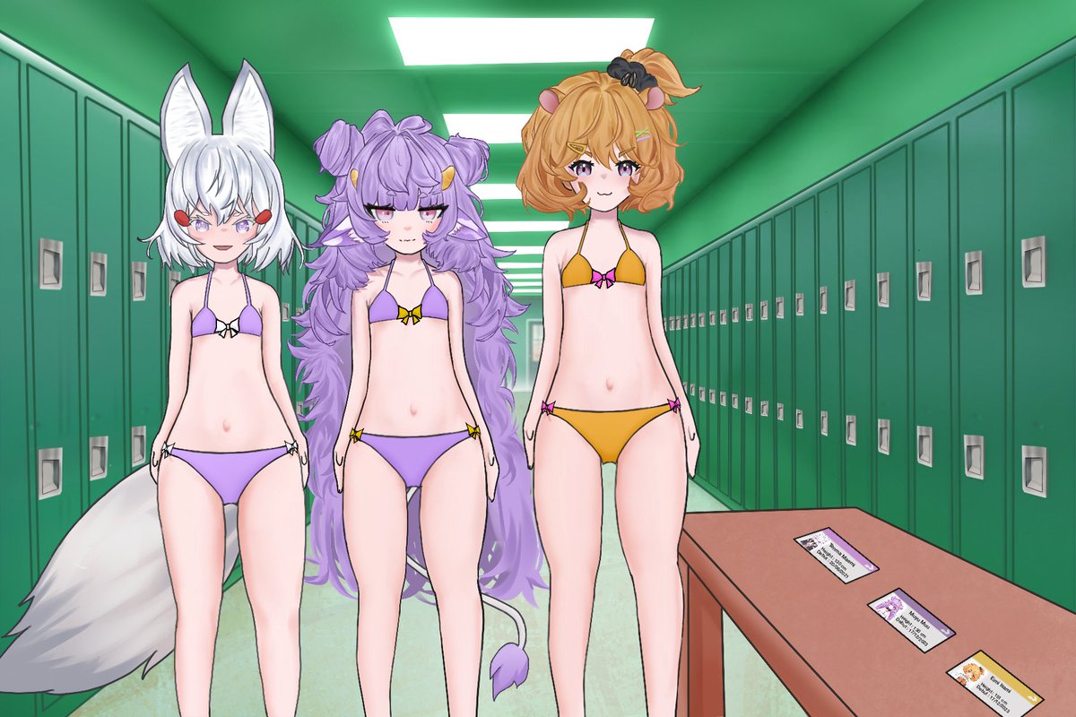 Yoenyoh's tweet photo. Temna, Muyu and Eimi wearing bikini in locker room. thankyouu @sister_ram for ur commis on me.
#kanpainiki #mooekaki #Hamsterpiece https://t.co/6hV73QJCyr