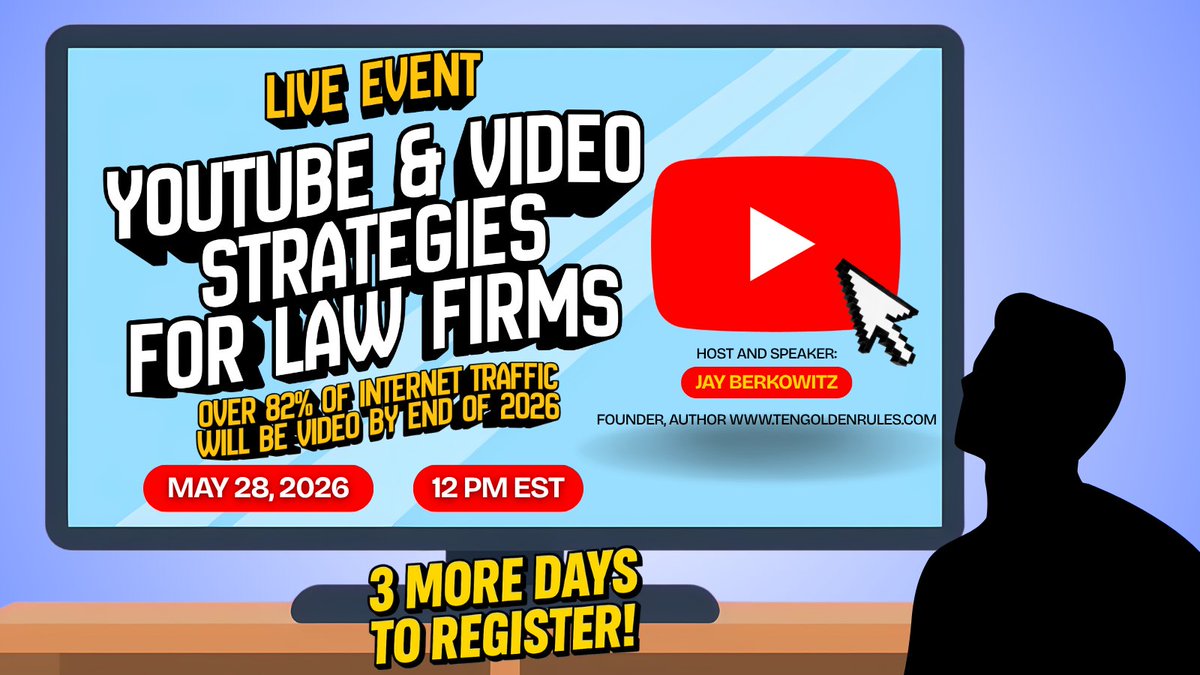 JayBerkowitz's tweet photo. What kind of videos should attorneys actually create?

That’s one of the biggest questions I will answer on May 28 at 12 PM EST during this live-streaming event.

We’ll cover:
🎥 FAQ videos that drive visibility
📈 YouTube strategies for law firms
⚖️ Short-form videos for social media
🤖 How video supports Ai search visibility

Straightforward, practical strategies for law firms.

Register here: https://t.co/2JL14bInod

#LawFirmGrowth #AttorneyMarketing #VideoMarketing