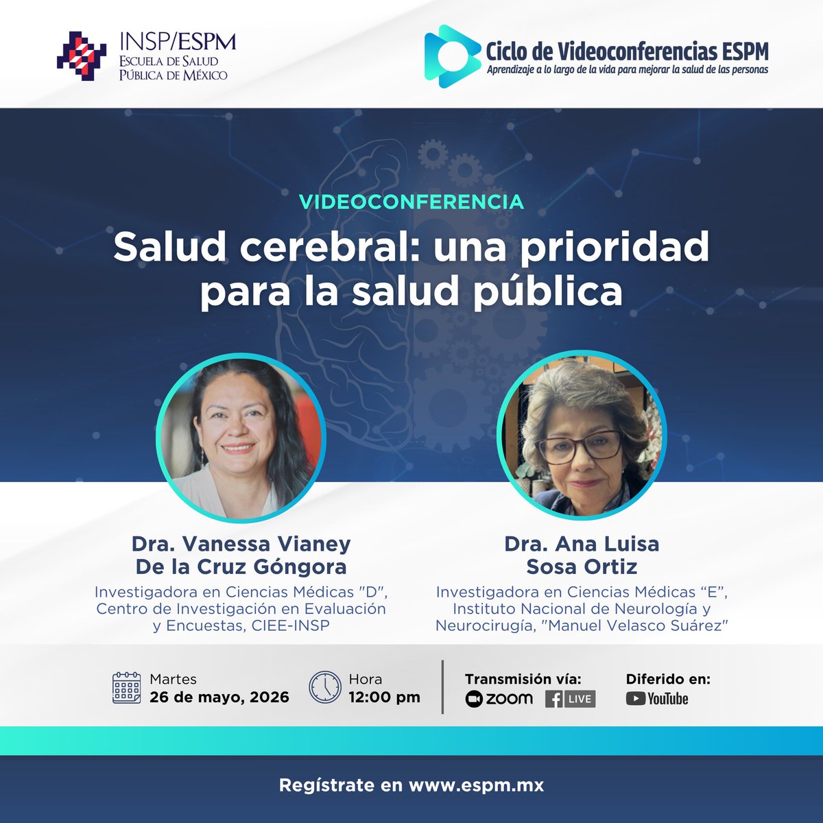 SaludPublicaMx's tweet photo. #VC26 | Conoce cómo los factores sociales, ambientales y de salud influyen en el deterioro cognitivo y qué acciones pueden fortalecer la prevención y el bienestar a lo largo de la vida

📅 Martes 26 de mayo, 12 h 
💻 Vía Zoom y FB Live

Regístrate:
🌐 https://t.co/jWX9a7oaRS https://t.co/sjTLHqD79M