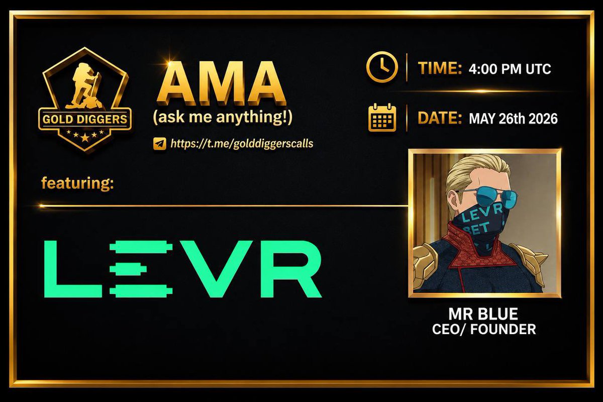 Golddigerscalls's tweet photo. 🎙@Golddigerscalls x @Levr_Bet AMA ALERT 🎙

The future of on-chain sports betting is here built by Levr.

The world’s first decentralized leveraged sports betting exchange, offering a transparent, on-chain experience without intermediaries.  Prediction markets with 2x–5x leverage on single-game sports lines with more markets coming soon. 

What we’ll cover:

•Leveraged betting up to 5x
•Oracle-driven real-time odds
•Transparent, on-chain settlements
•The future of decentralized prediction markets

🗓Event Breakdown

📆Date: MAY 26 2026
⏰Time: 4 :00 PM UTC
📍Venue: https://t.co/WMxfo4ClM5
😊Guest: MR BLUE 
🎙Host: Moonshine 
🏆Rewards: $MON 

Set a reminder and join us live on Telegram this Tuesday !