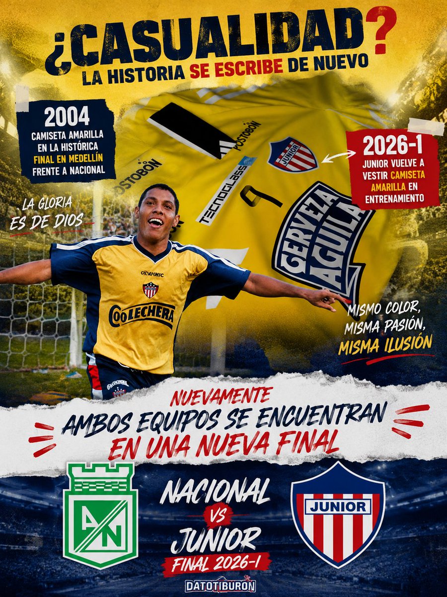 Datotiburon99's tweet photo. ¿Casualidad o destino? 🤔🟡

En este semestre 2026-I, Junior vuelve a vestir una camiseta amarilla de entrenamiento… el mismo color de aquella histórica final del 2004 en Medellín frente a Nacional. https://t.co/AFrMxJAjKV