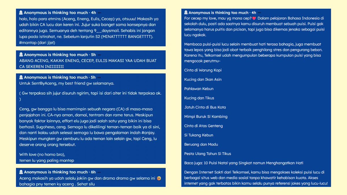 SentByAceng's tweet photo. terakhir. buat gue, eulis, cecep, eneng, dan general. pertama-taman, KOK KALIAN LUCU SIH JIR GAK TEGA GW MAU UDAHAN. admins juga mau ucapin terima kasih sebanyak-banyaknya karena bahkan sampai h-1 pun antusias kalian gak berkurang sama sekali. makasih udah bondingmaxxing dan- https://t.co/Xg4BURGtn2