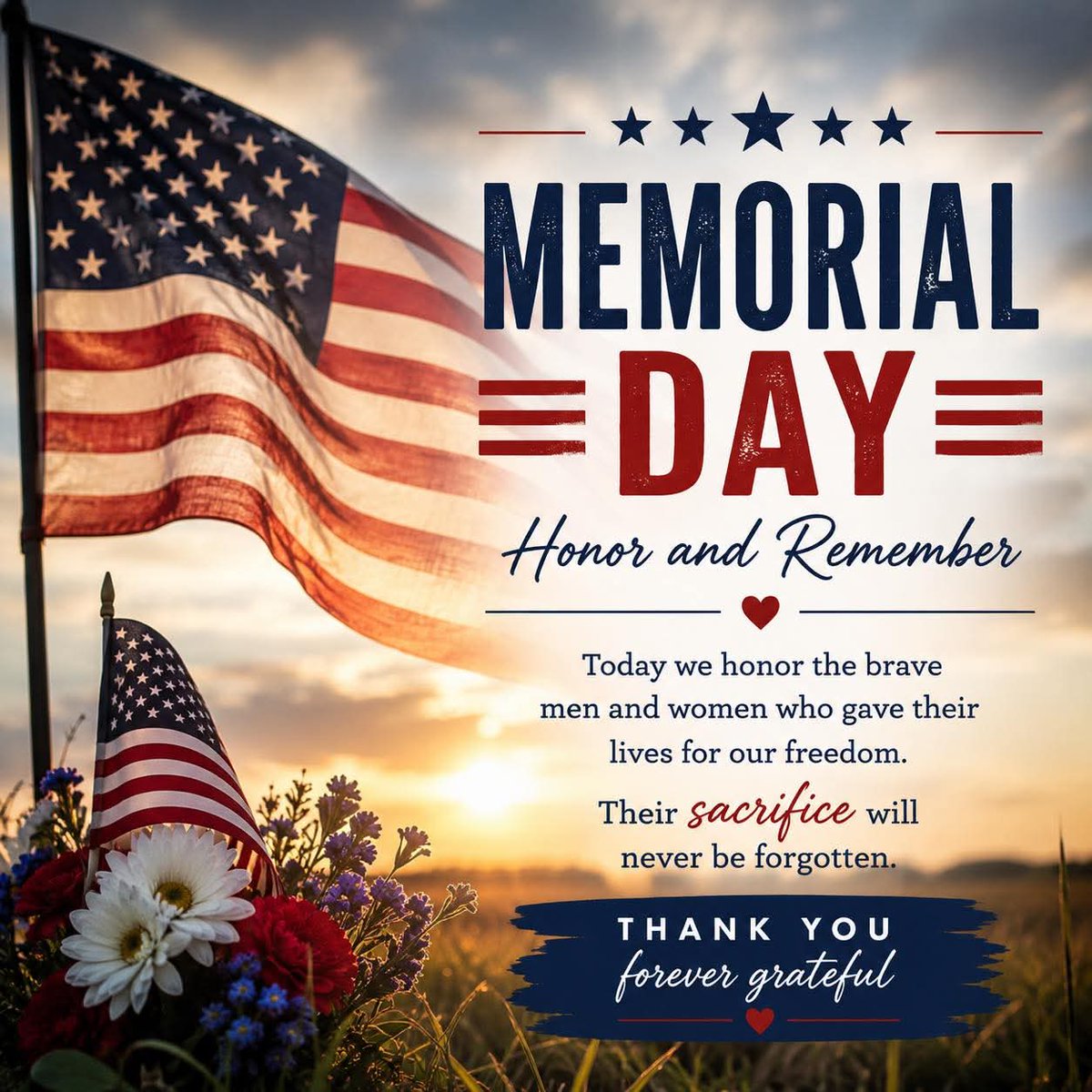 thestro's tweet photo. Memorial Day 🇺🇸

Today we remember and honor the brave men and women who gave everything for our freedom.  🇺🇸  ❤️🤍💙

Thank you will never be enough, but we are forever grateful. 🙏

#MemorialDay #HonorAndRemember #LandOfTheFree #BecauseOfTheBrave #NeverForgotten #MemorialDay https://t.co/liulqaR3pt