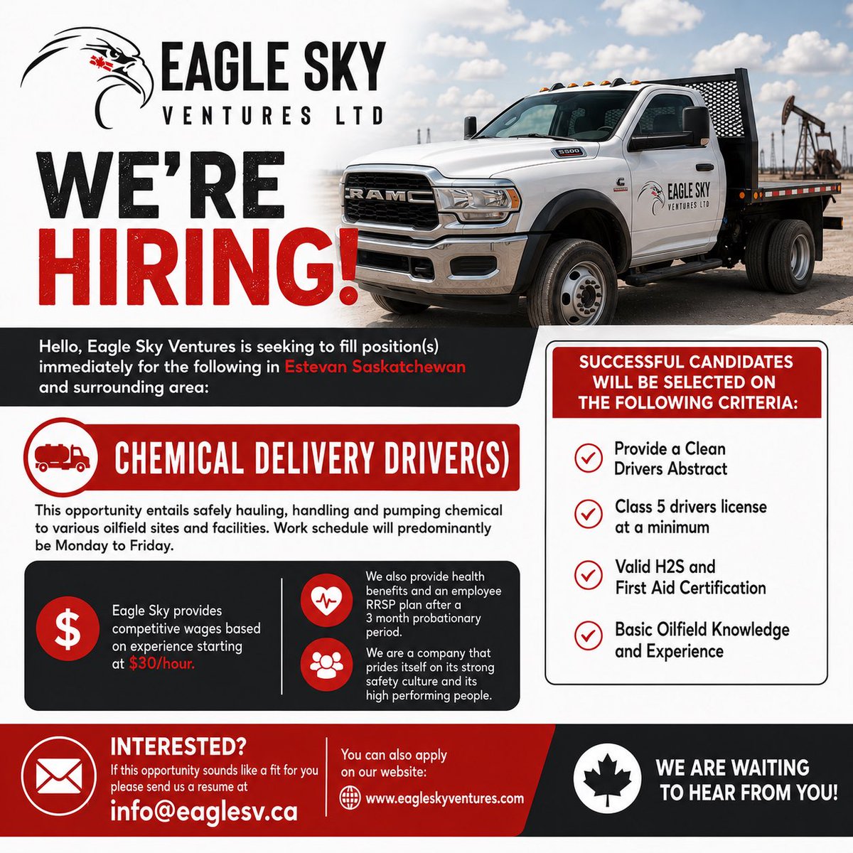 Fowlsupper2's tweet photo. Hello, Eagle Sky Ventures is seeking to fill the following position(s) immediately for the following in Estevan Saskatchewan and surrounding area:

 • Chemical Delivery Driver(s)

This opportunity entails safely hauling, handling and pumping chemical to various oilfield sites and facilities. Work schedule will predominantly be Monday to Friday. 

Successful candidates will be selected on the following criteria:

 • Provide a Clean Drivers Abstract 
 • Class 5 drivers license at a minimum 
 • Valid H2S and First Aid Certification 
 • Basic Oilfield Knowledge and Experience 

Eagle Sky provides competitive wages based on experience starting at $30/hour. We also provide health benefits and an employee RRSP plan after a 3 month probationary period. We are a company that prides itself on its strong safety culture and its high performing people. 

If this opportunity sounds like a fit for you please send us a resume at info@eaglesv.ca or our website https://t.co/peaz1XZr8Q. We are waiting to hear from you!