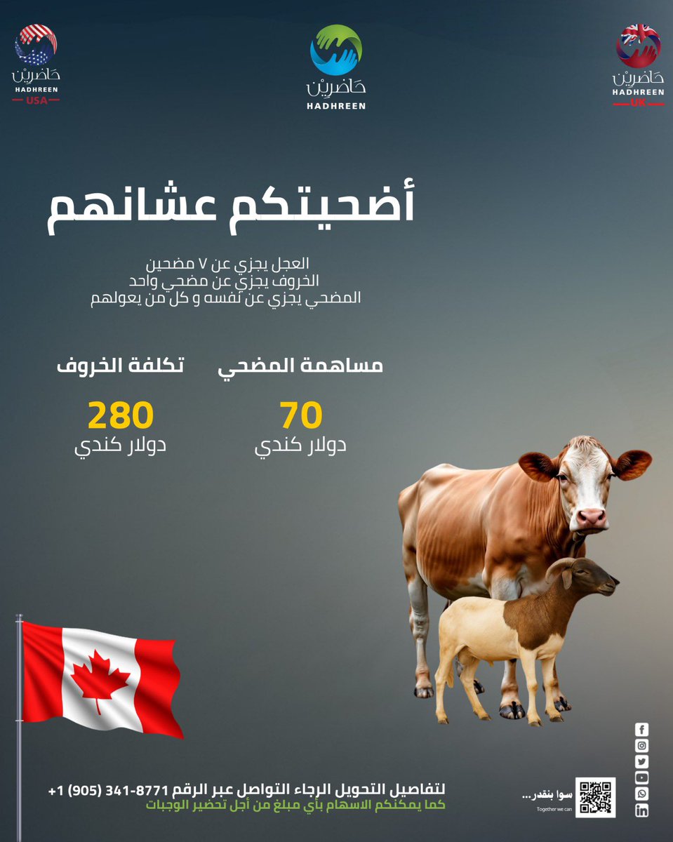 Hadhreen_org's tweet photo. Greetings to all,

Udhiya for Them Campaign
The door is still open to participate in this year’s Udhiya campaign, through which we aim to support camps for the displaced families from El Fasher, in addition to central kitchens in Khartoum State and a number of underprivileged families

One calf share covers seven donors, while one sheep is offered on behalf of a single donor
(The Udhiya counts for the donor and all those under their care)

Contribution per donor share in a calf:
* 200,000 Sudanese Pounds
* 50 USD / EUR / GBP
* 200 AED / SAR

Cost of one sheep:
* 800,000 Sudanese Pounds
* 200 USD / EUR
* 150 GBP
* 750 AED / SAR

You may also contribute with any amount toward the preparation of meals.
Please send a copy of transaction via WhatsApp to: 00249123977778

To Donate:
From Sudan, via Bankak  
Account Number: 2900000  
Ref: Udhiya

United States, via Zelle  
Hadhreen.usa@gmail.com 
Reference: Udhiya/اضحية

From all over the world, including the United States, via PayPal  
@hadhreenusa  
Reference: Udhiya/اضحية

United Kingdom, via Zempler  
Account Name: Hadhreen Ltd  
Account Number: 06176414  
Sort Code: 08-71-99  
Reference: Udhiya/اضحية

Ireland, via Revolut
Account Name: Abodjana Mohammed Kheir
@abodjaxzi7
Reference: Udhiya/اضحية

To donate from Egypt / Qatar / Saudi Arabia / UAE
Please contact us via WhatsApp at: +249123977778

#Together_We_Can