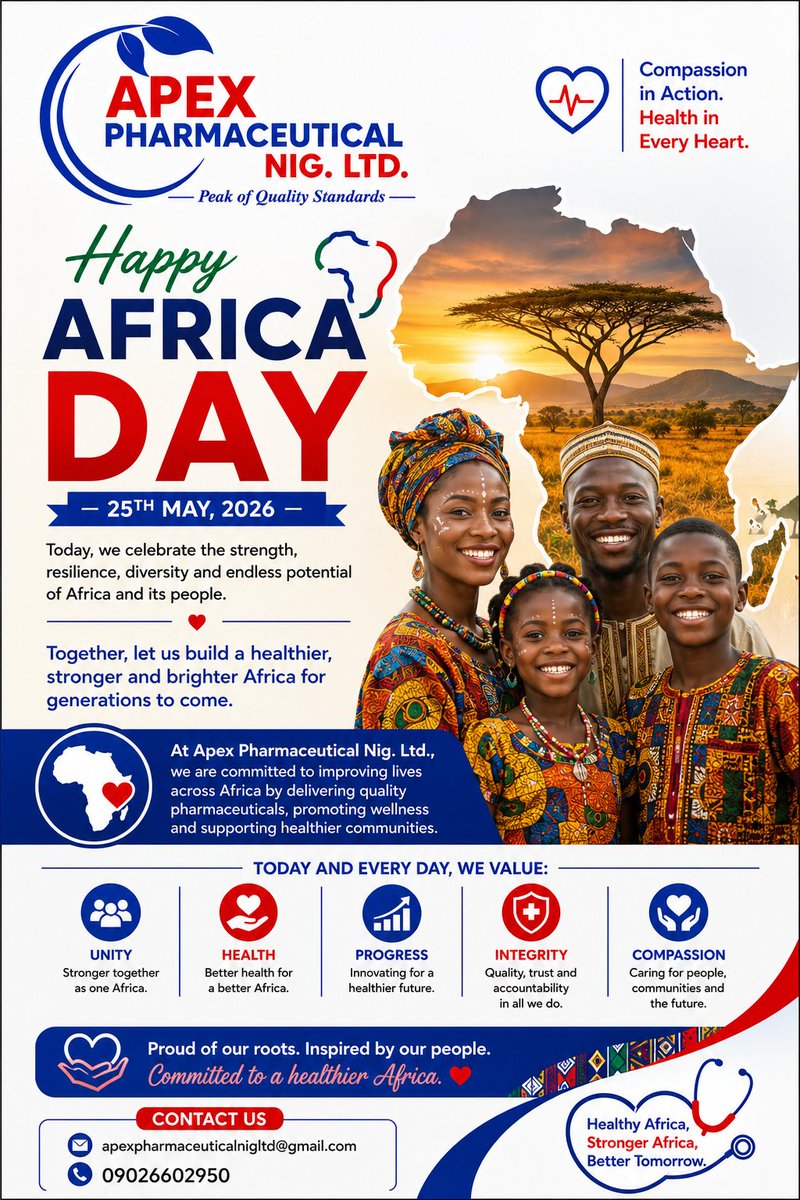 Mujaheedpharm's tweet photo. Happy Africa Day 
Today, we celebrate the strength, resilience, derversity,and endless potential of Africa and its people.
Together, let us build healthier, stronger, and brighter Africa  for  generations to come.
#africa #Africans #AfricaDay #APEXPHARMA https://t.co/oB91x02qEx