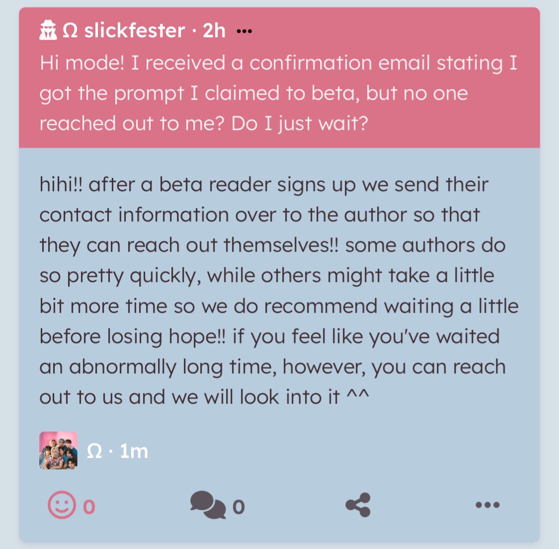 slickfests's tweet photo. Hi mode! I received a confirmation email stating I got the prompt I claimed to beta, but no one reached out to me? Do I jus… — hihi!! after a beta reader signs up we send their contact information over to the author so that they can reach out themselv… https://t.co/i0pRX1si59 https://t.co/yGPKVVSc9J