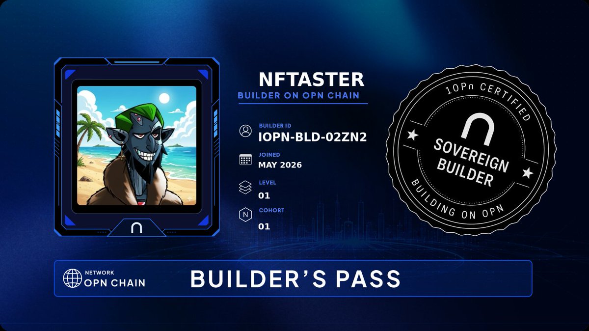 NFTeist's tweet photo. Builder's Pass: claimed ✅
Six seasons. Six verticals. One on-chain record that travels with me forever.
Building on @IOPn_io.
Accelerate ⋂ https://t.co/SXIBDGNRMm
