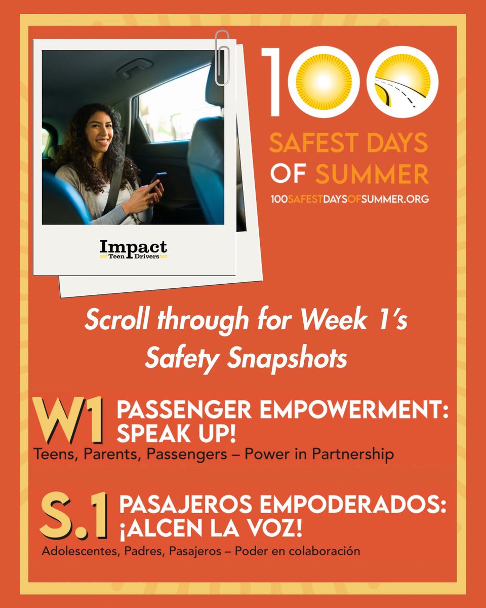 impactdrivers's tweet photo. As we honor Memorial Day, we also mark the beginning of the 100 Safest Days of Summer. Passenger empowerment is this week’s focus. Drivers, drive safely and passengers, speak up for safety! 

#100SafestDays #SpeakUp4Safety #YouHaveThePower #EnEspañol https://t.co/DGZW5KTGw0