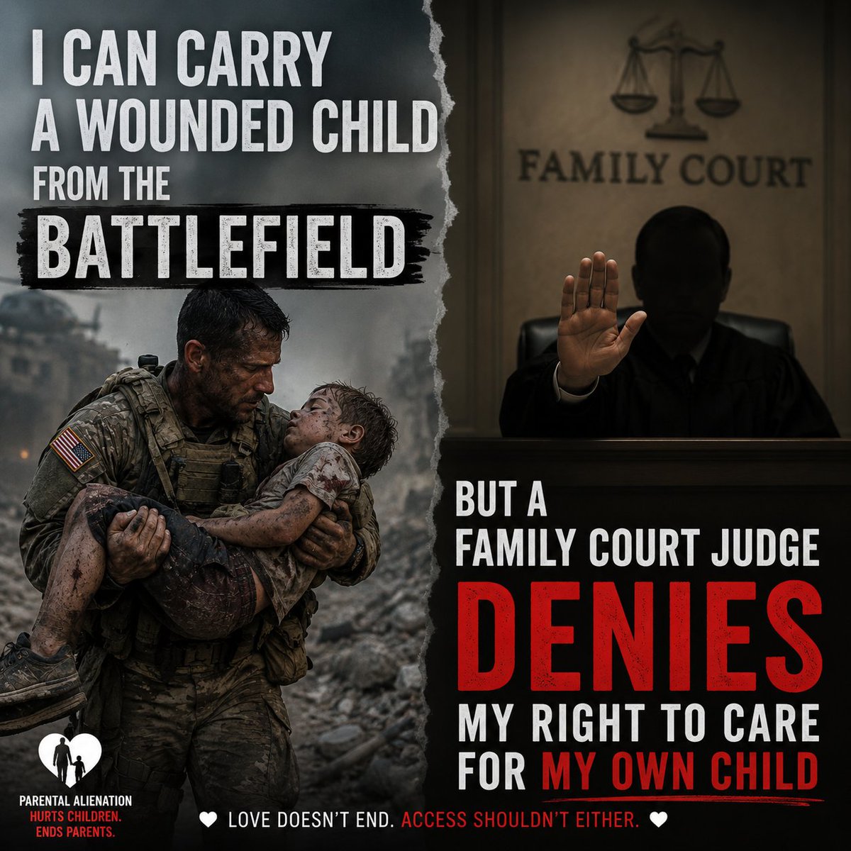 super_daddy_31's tweet photo. A soldier can rescue a wounded child from a battlefield…
But a loving parent must fight courts just to hold their own child.

Children deserve love, care, and access to BOTH parents.

#ParentalAlienation destroys childhoods. #ChildRights https://t.co/WVkZyy7ao0