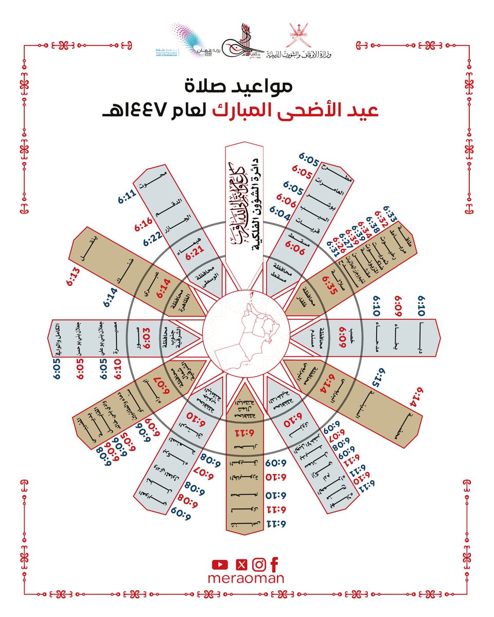meraoman's tweet photo. مواعيد صلاة #عيد_الأضحى_المبارك لعام 1447 هـ في ولايات سلطنة #عُمان https://t.co/gv6KaYp0qU