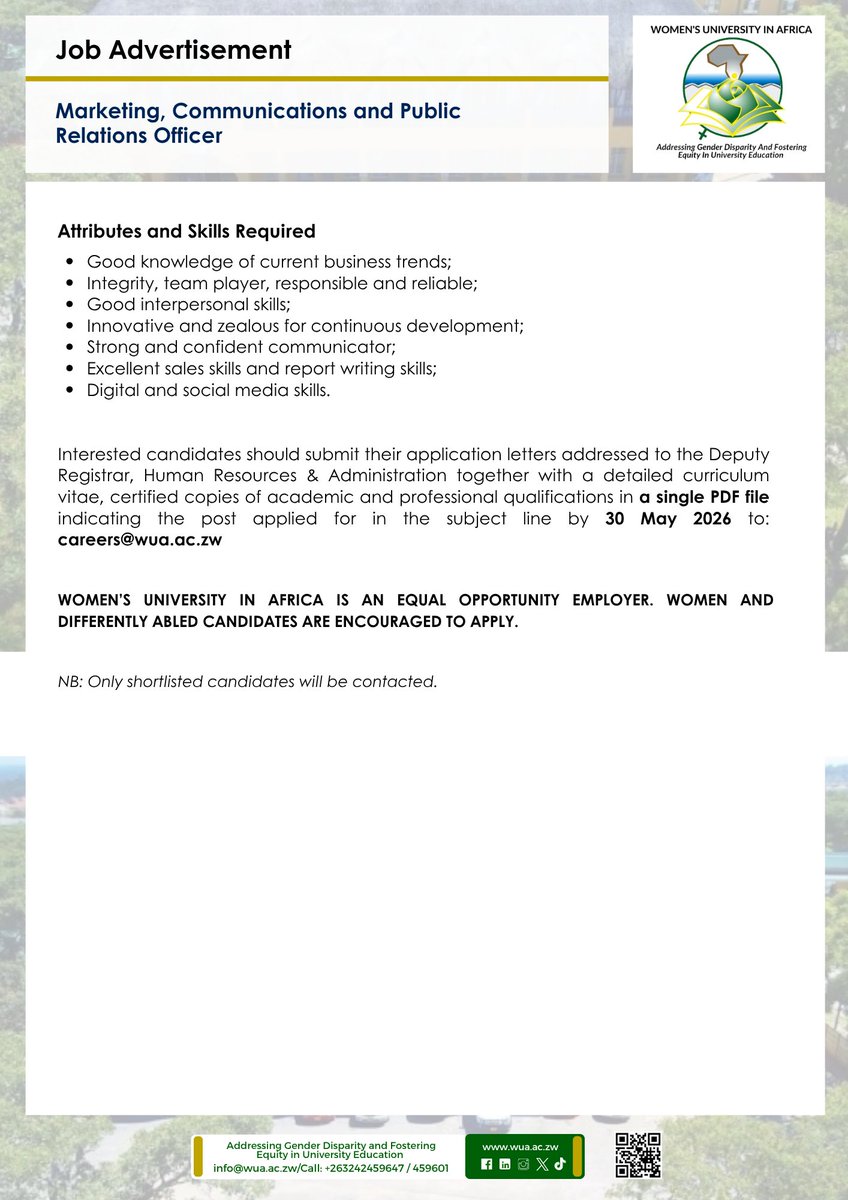 WUAZIM's tweet photo. Job Advertisement
Marketing, Communications and Public Relations Officer https://t.co/2lCF1rQqq5