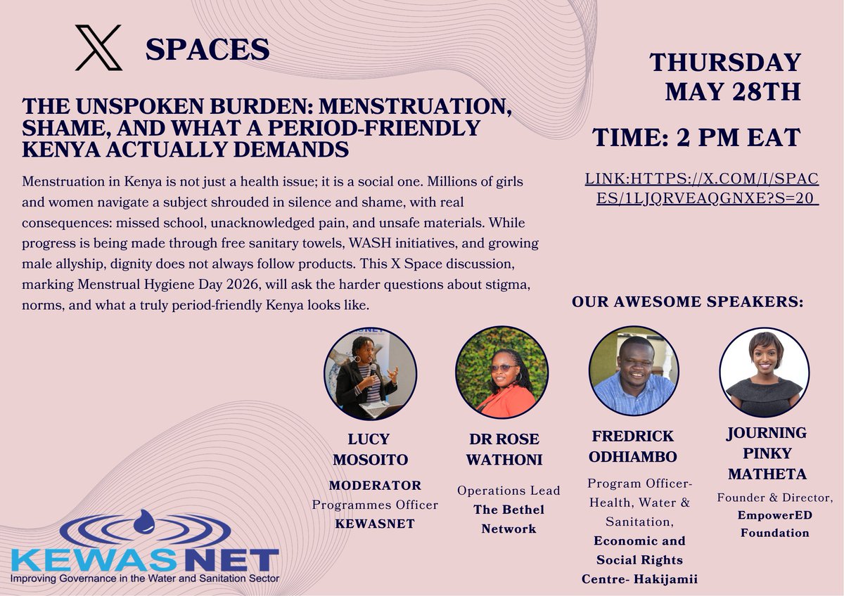 KEWASNET's tweet photo. In honour of Menstrual Hygiene Day, join us this Thursday at 2 PM EAT  on @XSpaces, as we ask the harder questions about stigma, norms, and what period-friendly truly looks like in Kenya.

https://t.co/X0RAY8qMqN

#MenstrualHygieneDay #MHDay2026 #PeriodFriendlyWorld https://t.co/G15PwTuLHv